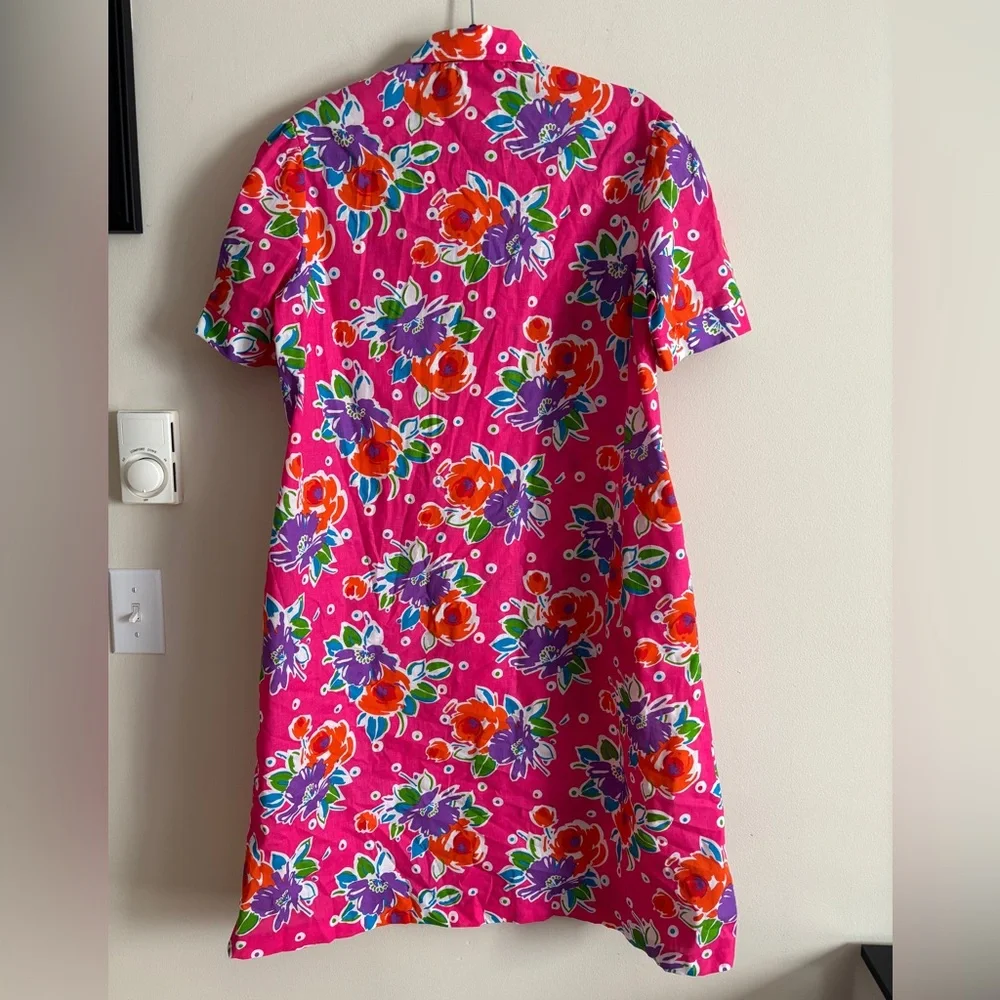 VTG EUC‎ 70s Evelyn Pearson XL Pearl Snap House Dress Floral Pockets Hot Pink